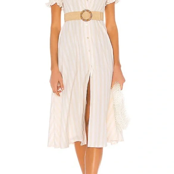 WeWoreWhat Puff Sleeve Bella Shirt Dress in Macro Stripe Shortbread - Picture 5 of 9